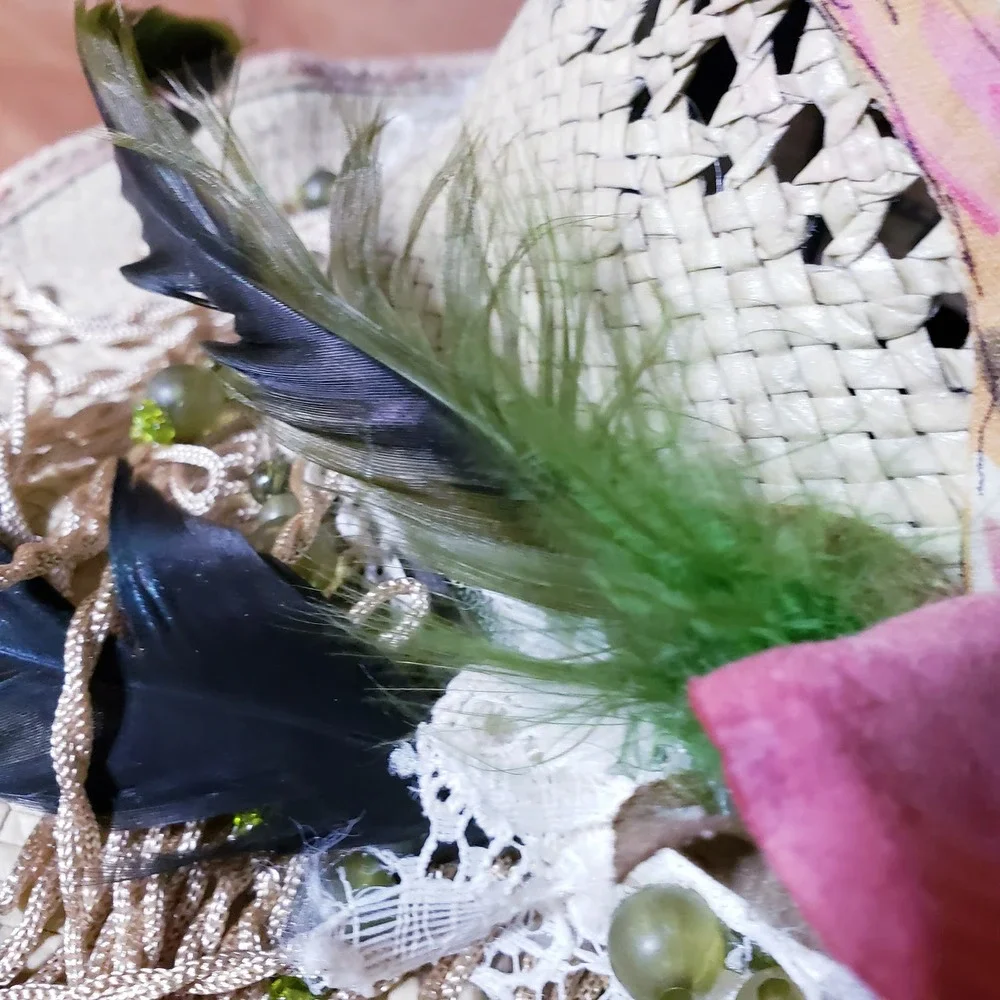 Vintage Scala Straw Hat Upcycled Painted‎ beads, feathers